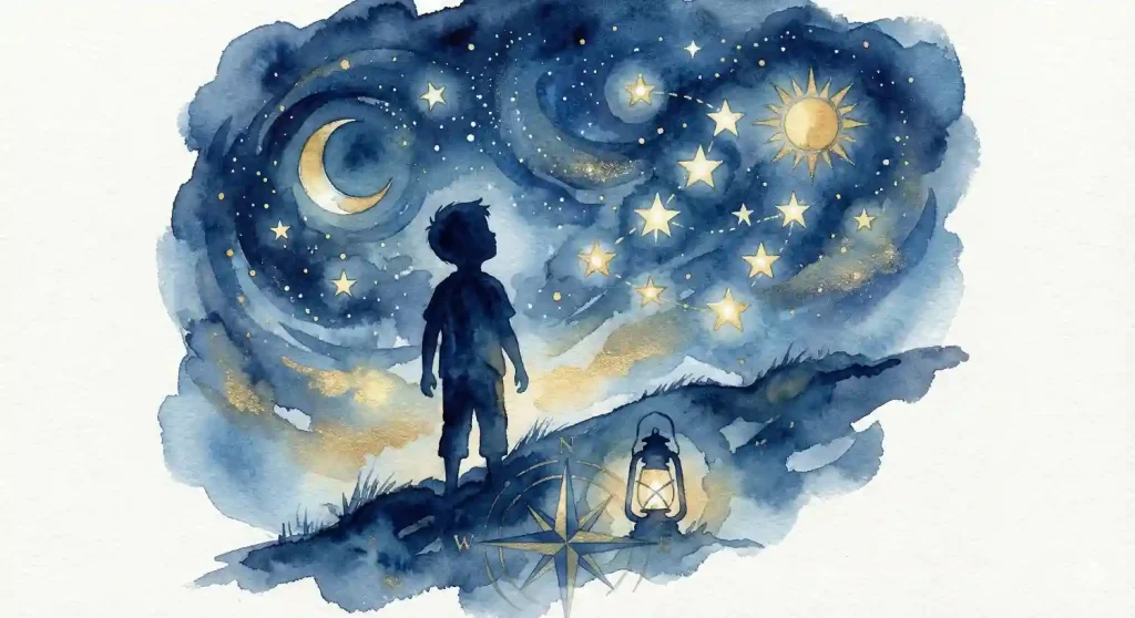 Artistic illustration of a boy looking at stars symbolizing Prophet Yusuf's name.