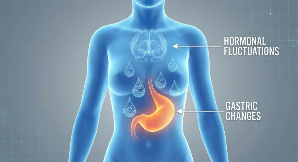 Illustration showing hormonal changes in a pregnant woman's body causing nausea.