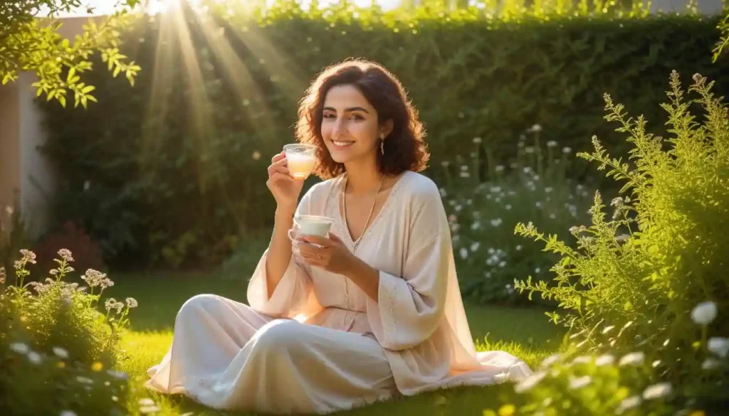 A peaceful Arab woman sitting in a garden representing wellness and hormonal balance in early pregnancy planning