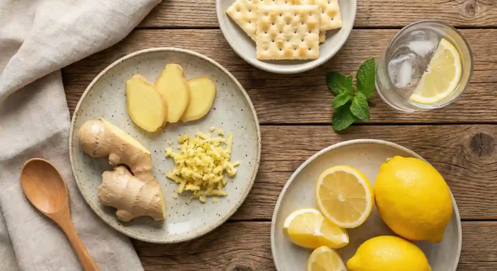 Natural remedies for pregnancy nausea including ginger, lemon, and crackers.