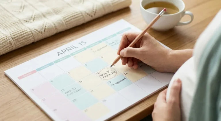A pregnant woman checking dates on a calendar to track when morning sickness starts.