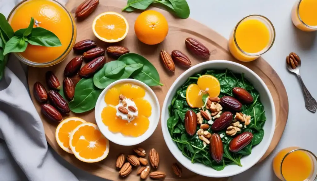 A variety of healthy foods including dates, leafy greens, and nuts on a wooden table