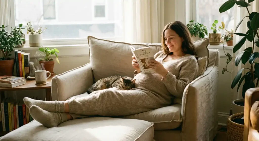 Pregnant woman resting comfortably to manage nausea symptoms.