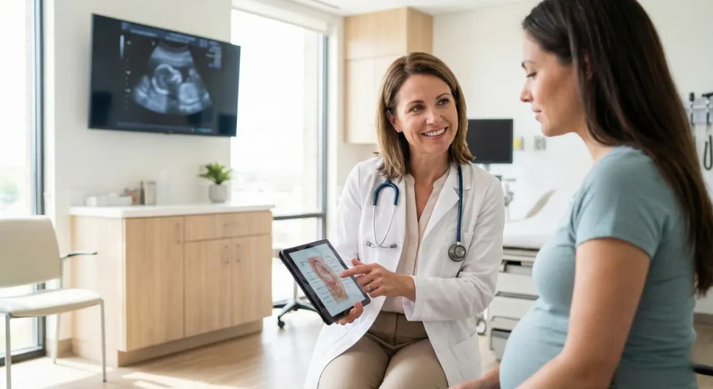 Pregnant woman consulting a doctor about severe nausea symptoms.