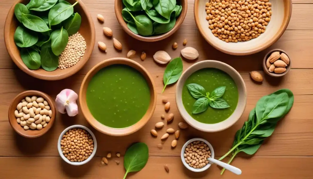 Healthy foods rich in folate like spinach and lentils next to folic acid supplements.