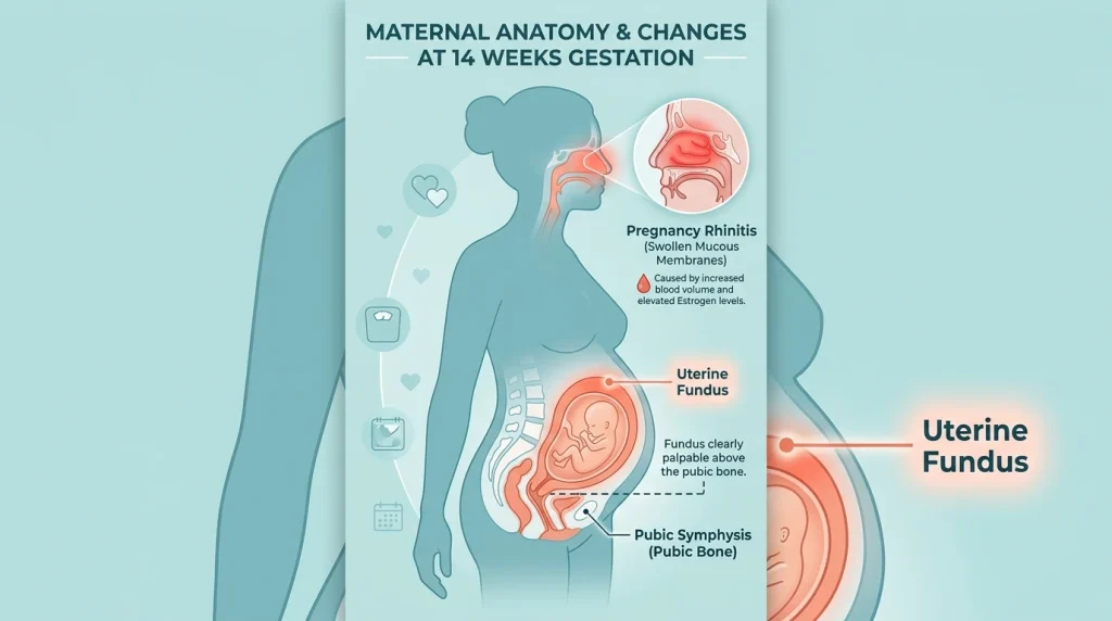 Medical diagram illustrating the palpable fundus and pregnancy rhinitis due to increased blood volume.