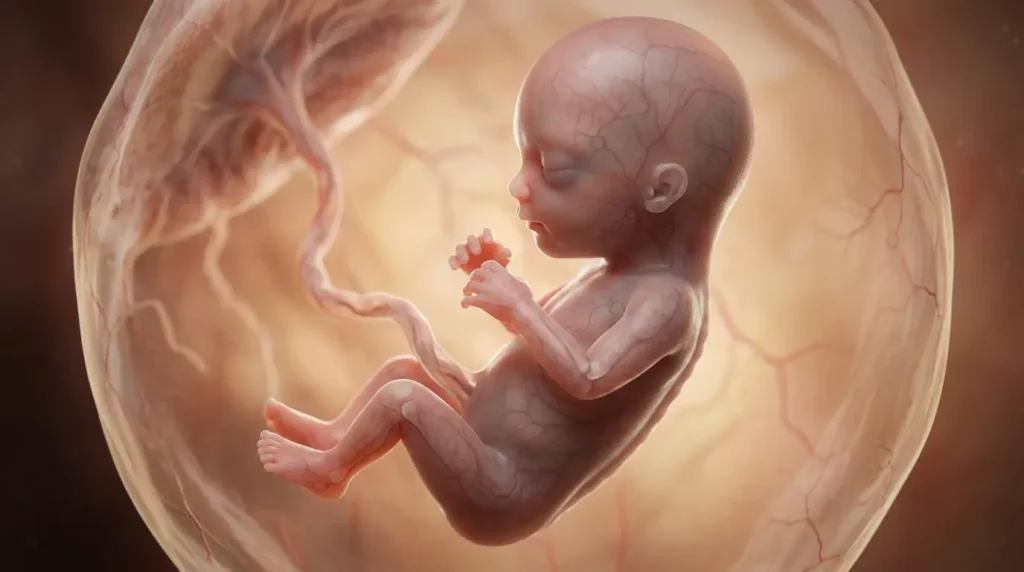 3D medical illustration of a 10-week fetus showing translucent skin, developing joints, and functioning kidneys.
