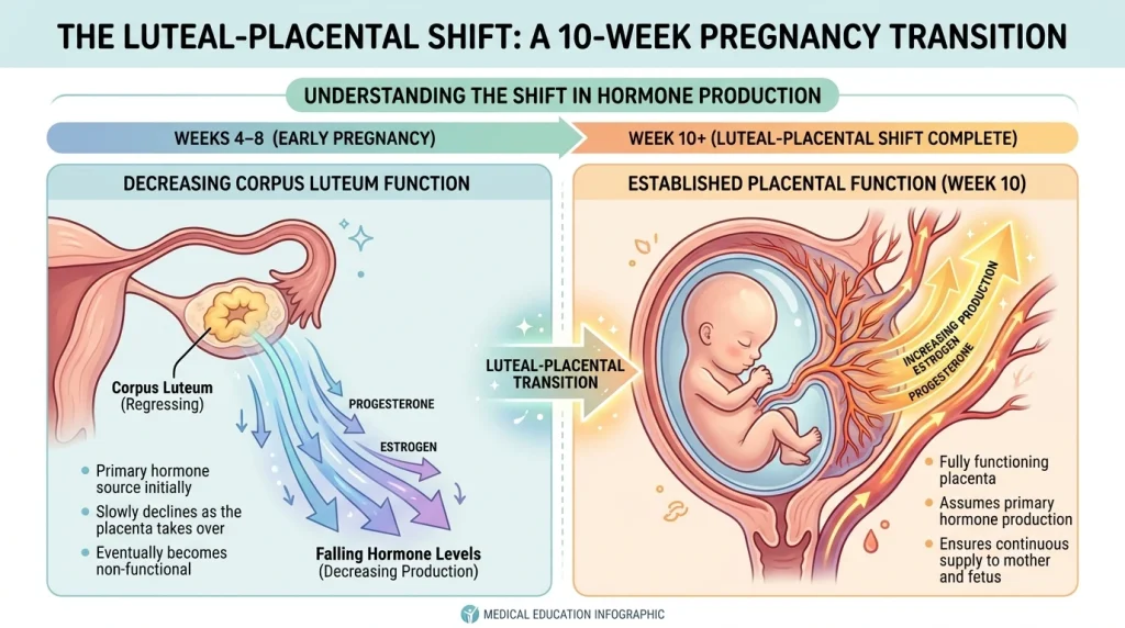  Medical infographic showing the placenta taking over hormone production from the corpus luteum.