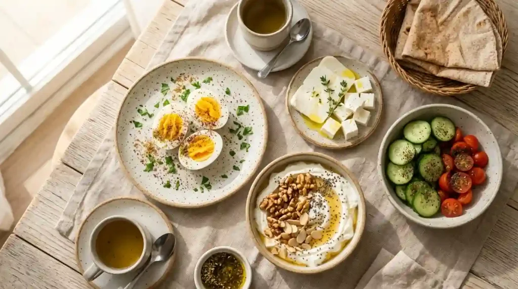 Arab diet rich in protein and calcium like boiled eggs, almonds, and feta cheese to support fetal bone growth.