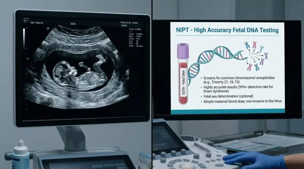  Ultrasound of a 10-week fetus moving alongside a graphic of NIPT gender reveal.