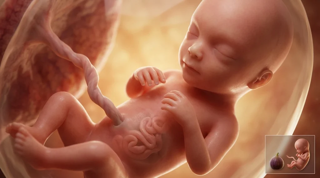  3D medical illustration of an 11-week fetus showing the intestines returning to the abdomen and clear facial features.