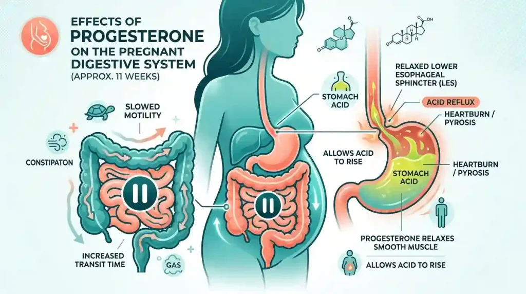 Infographic explaining pregnancy constipation and heartburn caused by Progesterone.