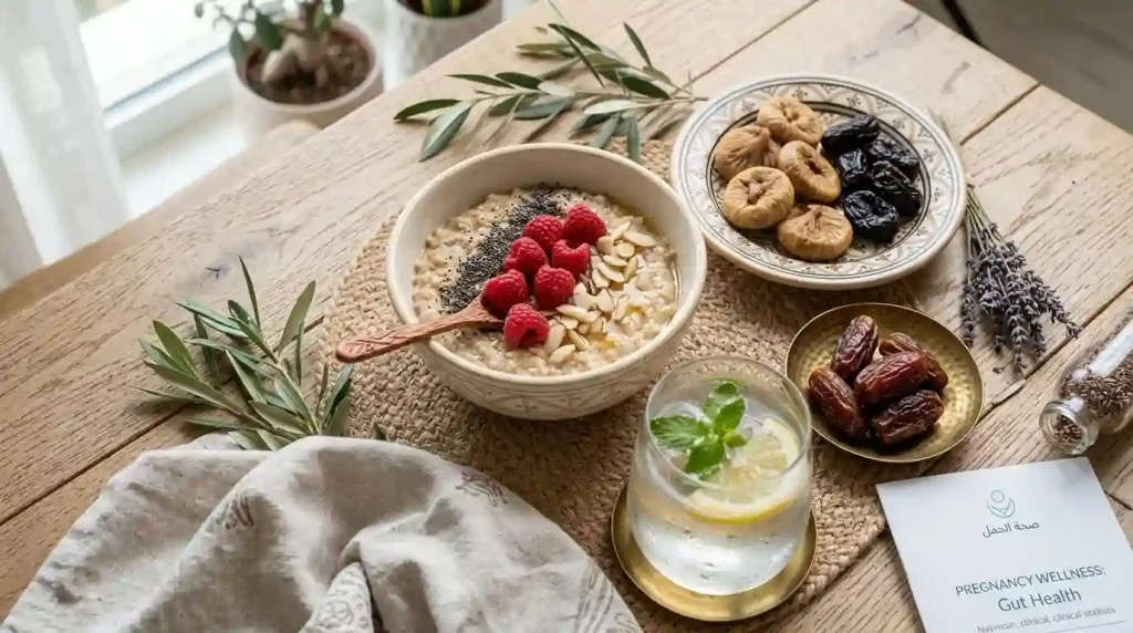 High-fiber Arab foods to combat pregnancy constipation, including dates, figs, and oats.