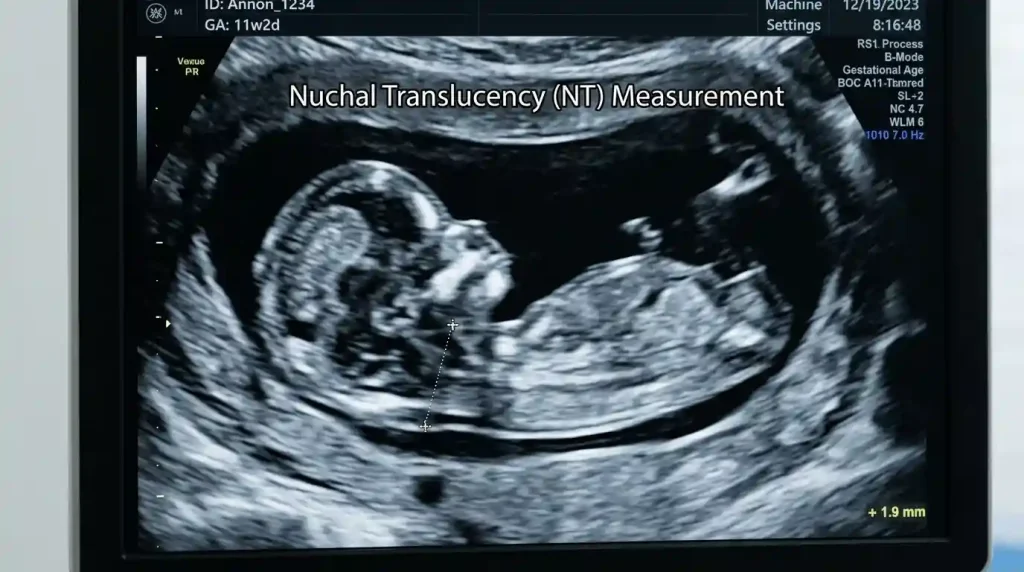  Ultrasound at 11 weeks demonstrating the Nuchal Translucency (NT) measurement at the back of the fetal neck.
