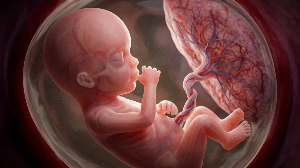  3D medical illustration of a 12-week fetus showing reflex development, thumb sucking, and clear facial profile.