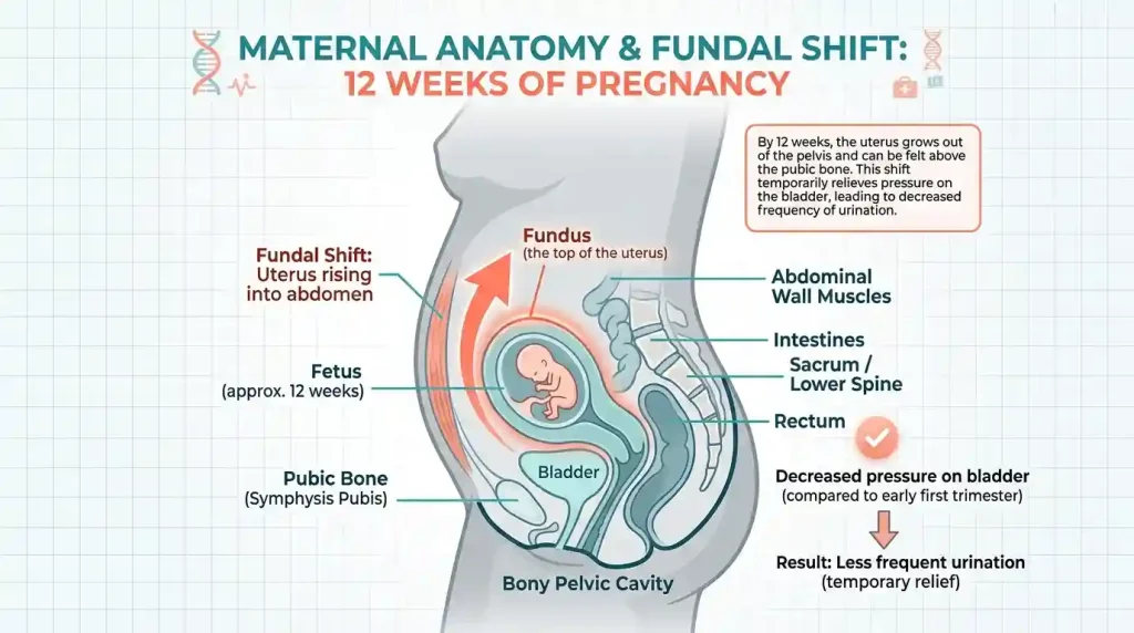  Medical diagram showing the uterus shifting upwards from the pelvic cavity to the abdomen at week 12.