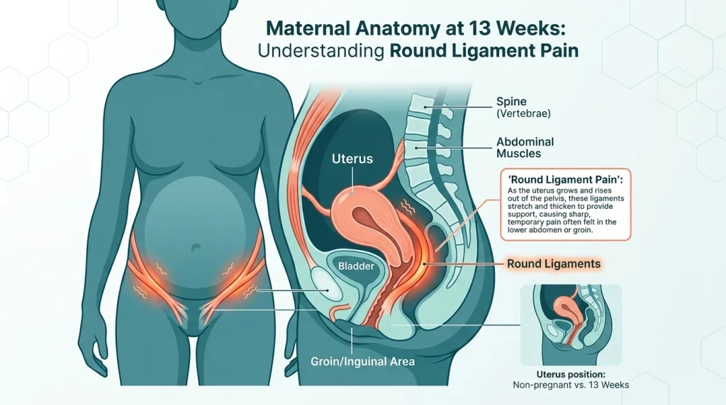 Medical diagram showing the stretching of the round ligaments as the uterus grows out of the pelvis.