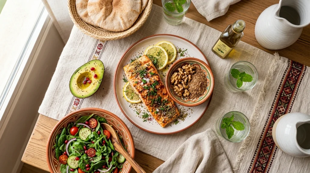  Arab diet incorporating Omega-3 sources like safe seafood and walnuts for fetal brain development.