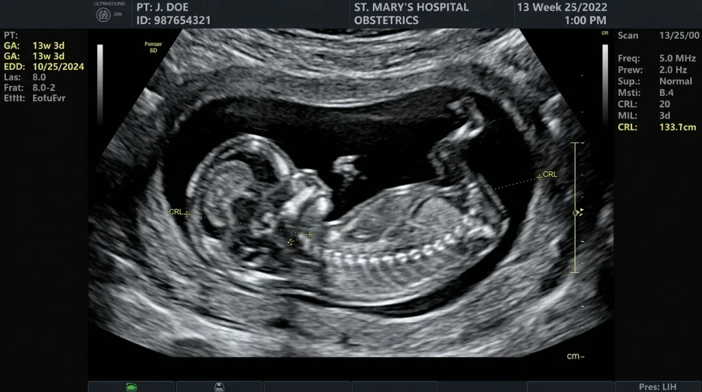 Ultrasound of a 13-week fetus highlighting the distinct spine, ribs, and fully formed profile.