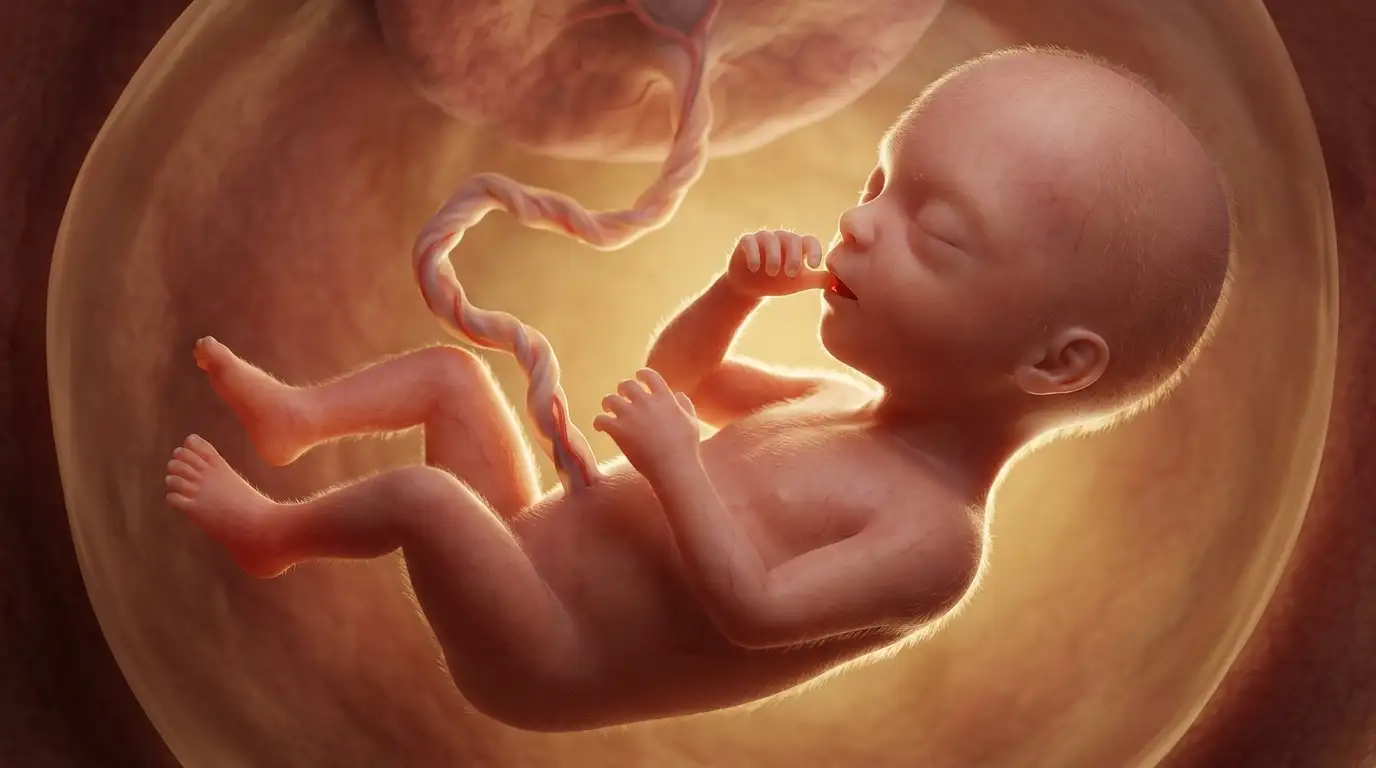 3D medical illustration of a 14-week fetus showing fine Lanugo hair, distinct facial features, and thumb sucking.