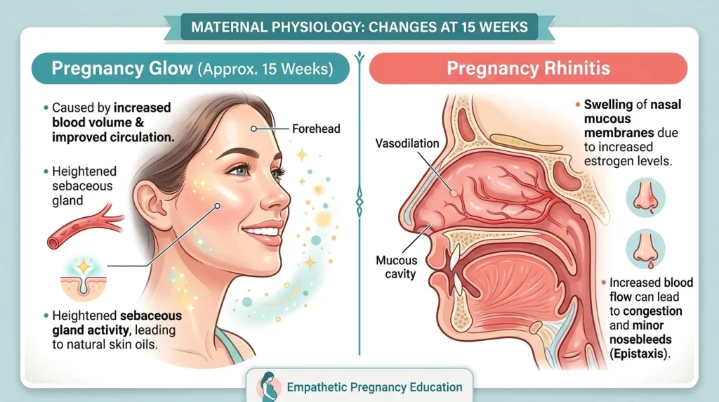 Medical infographic explaining the physiological causes of Pregnancy Glow and Pregnancy Rhinitis at 15 weeks.