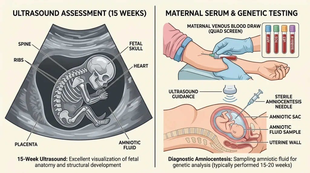 Visual representation of prenatal screening options opening in week 15, including blood tests and amniocentesis.