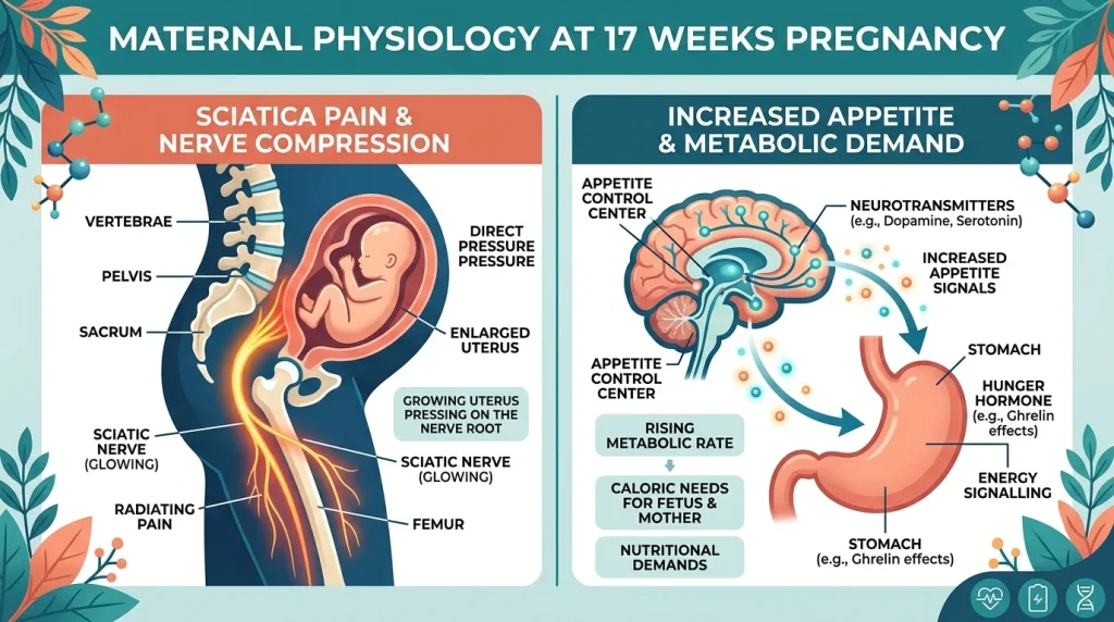 Medical infographic explaining Sciatica nerve compression and increased appetite in week 17 of pregnancy.