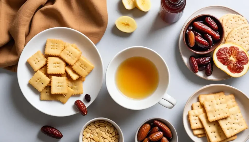 Arab-inspired healthy pregnancy foods for nausea relief including ginger, plain crackers, and dates.