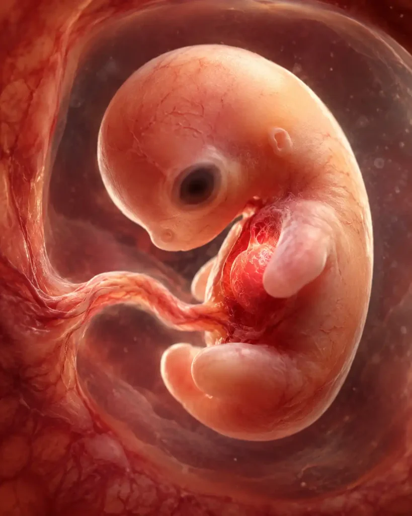 3D illustration of a 6-week embryo showing limb buds, facial features forming, and a pulsating heart