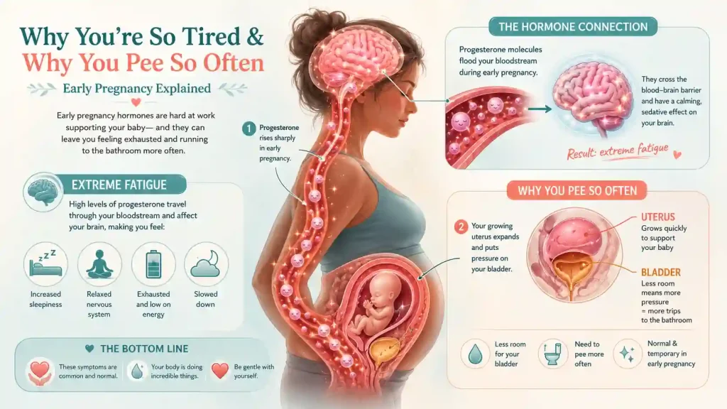 Diagram explaining the physiological causes of extreme pregnancy fatigue and frequent urination.