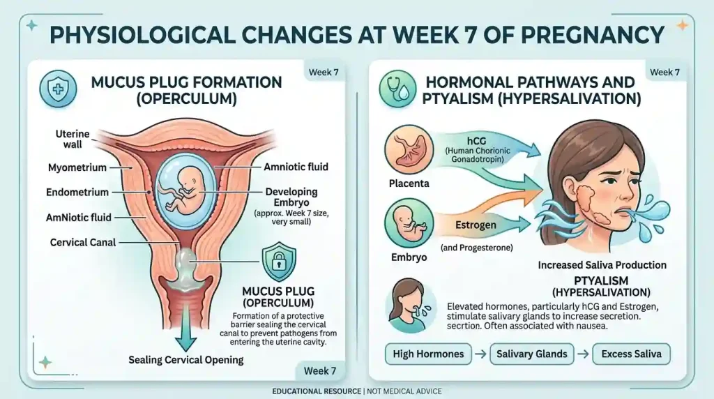 Infographic showing the formation of the cervical mucus plug and pathways causing pregnancy nausea and hypersalivation.