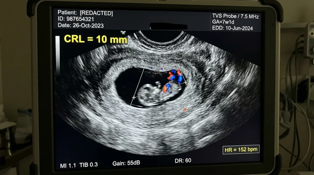Transvaginal ultrasound at 7 weeks measuring Crown-Rump Length (CRL) with fetal heartbeat.