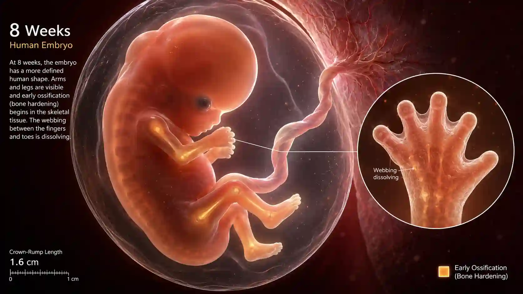3D medical illustration of an 8-week embryo showing early bone ossification and separation of fingers.