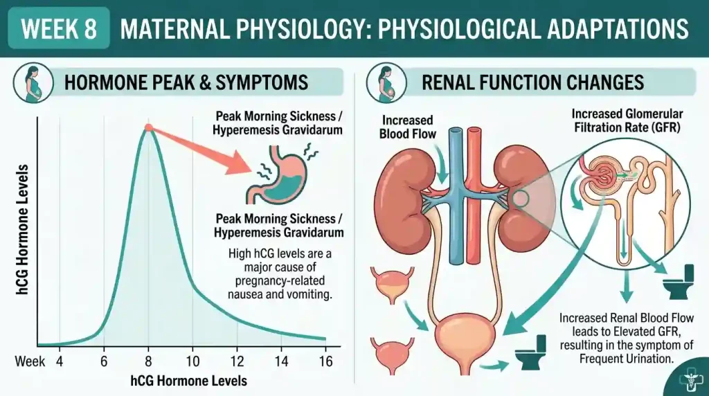  Infographic explaining the peak of hCG hormone in week 8 causing severe morning sickness and increased GFR causing frequent urination.