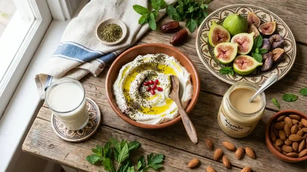 Calcium-rich Arab diet foods including Labneh, tahini, and figs essential for fetal bone ossification.