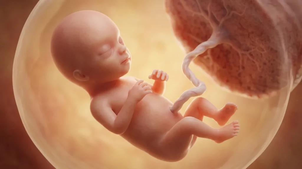 3D medical illustration of a 9-week fetus showing fused eyelids, distinct fingers, and umbilical cord.