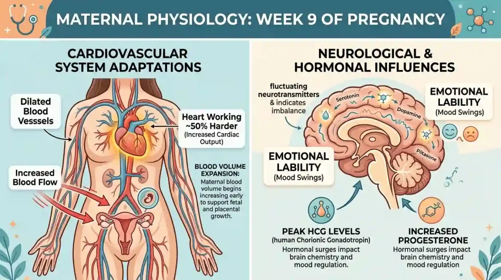  Diagram explaining blood volume expansion and mood swings during week 9 of pregnancy.