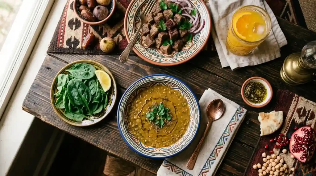 Iron-rich Arab diet foods including spinach, lentils, and lean meat to support blood volume expansion.