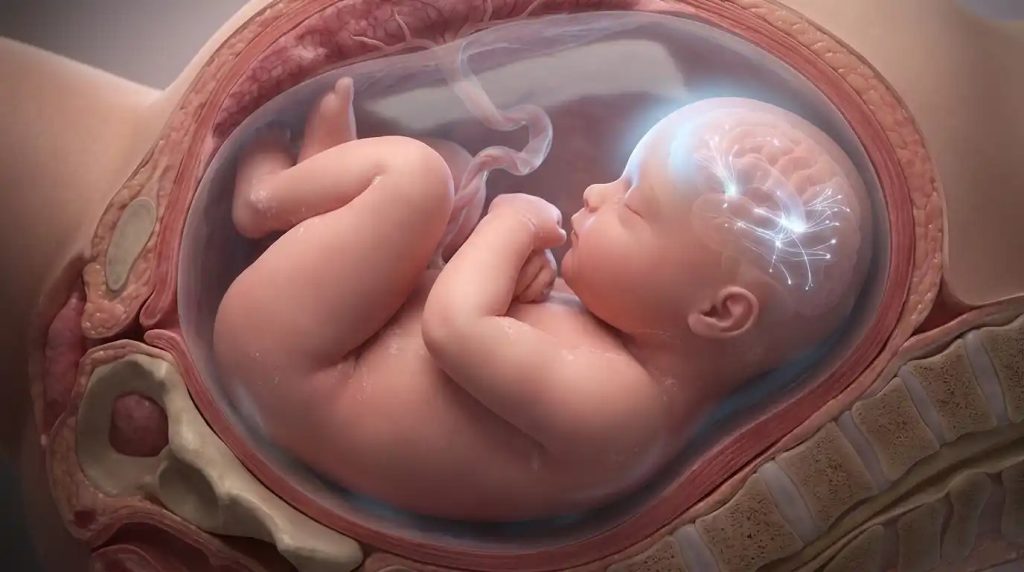 3D medical illustration of a 39-week full-term fetus engaged in the pelvis, showing healthy fat accumulation.