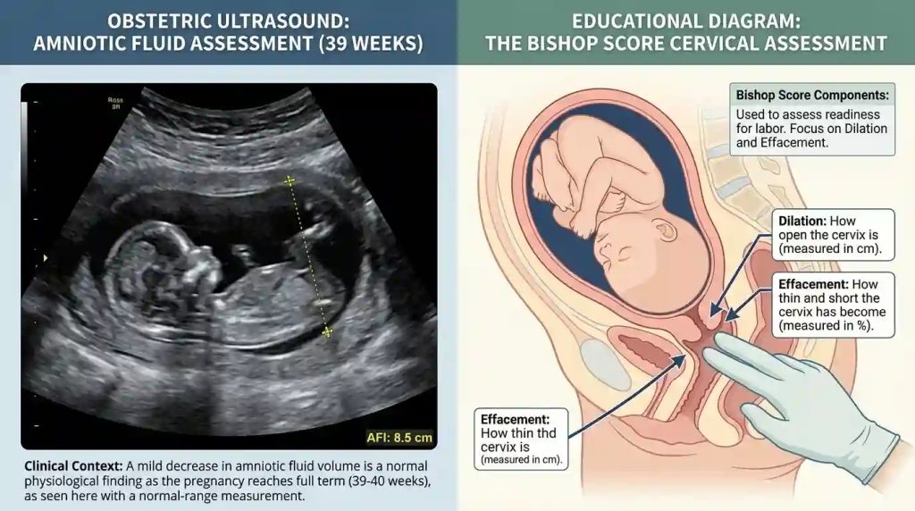 Ultrasound showing Amniotic Fluid Index (AFI) measurement and a clinical diagram of the Bishop Score at 39 weeks.