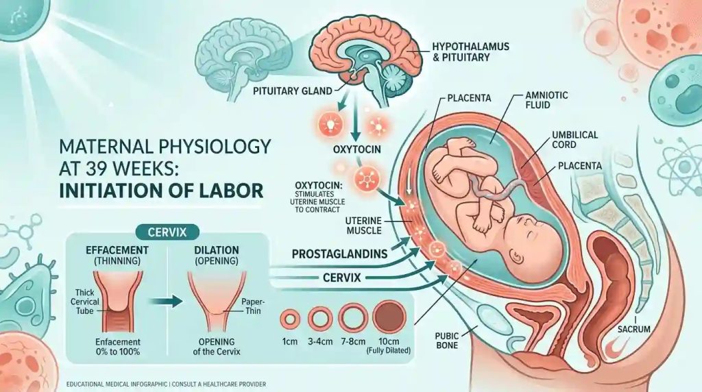 Medical infographic explaining the hormonal cascade of Oxytocin and Prostaglandins causing cervical effacement and dilation at 39 weeks.
