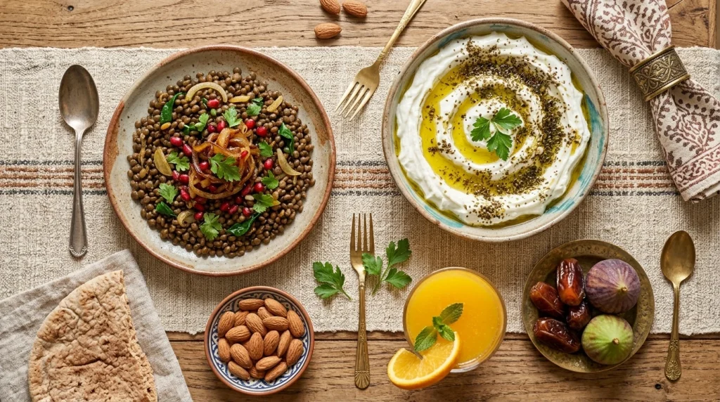 Arab diet incorporating rich sources of Calcium and Iron to support fetal bone ossification and maternal blood volume.