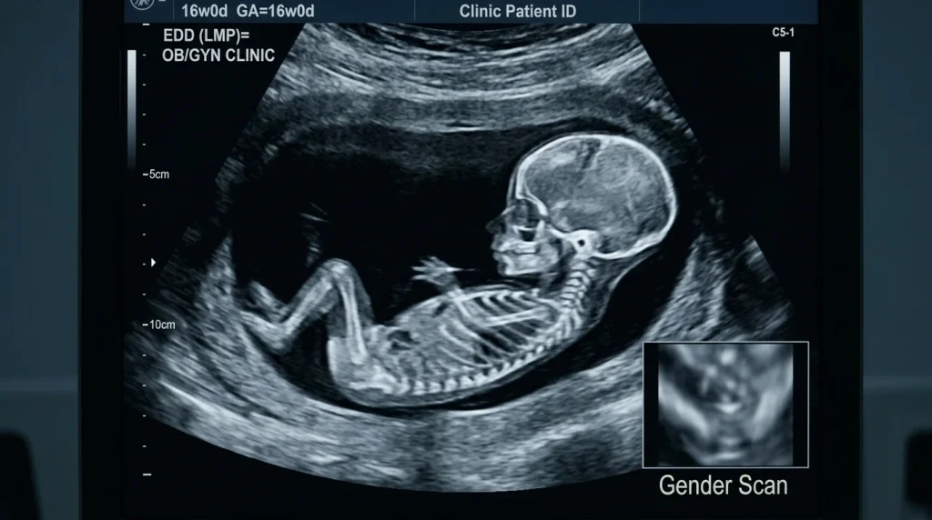 Obstetric ultrasound at 16 weeks showing a clear profile of the fetus and demonstrating fetal sex determination.