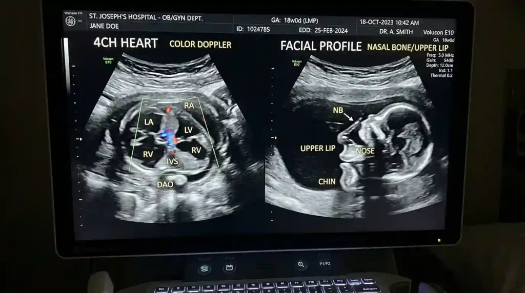 Ultrasound screen showing a detailed anomaly scan (morphology scan) of an 18-week fetus, highlighting the 4-chamber heart.