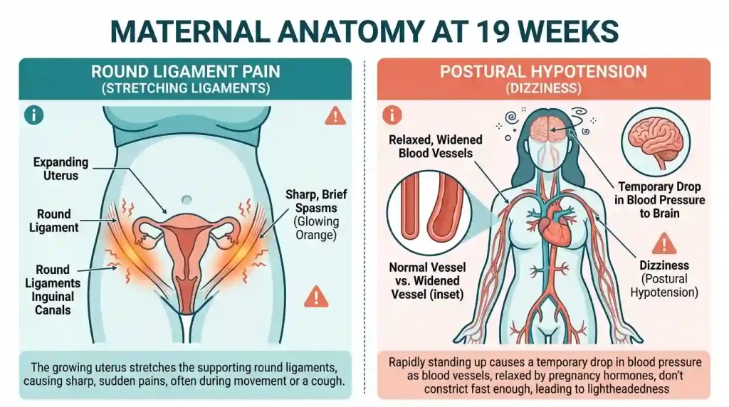 Infographic explaining Round Ligament Pain and Postural Hypotension in week 19 of pregnancy.
