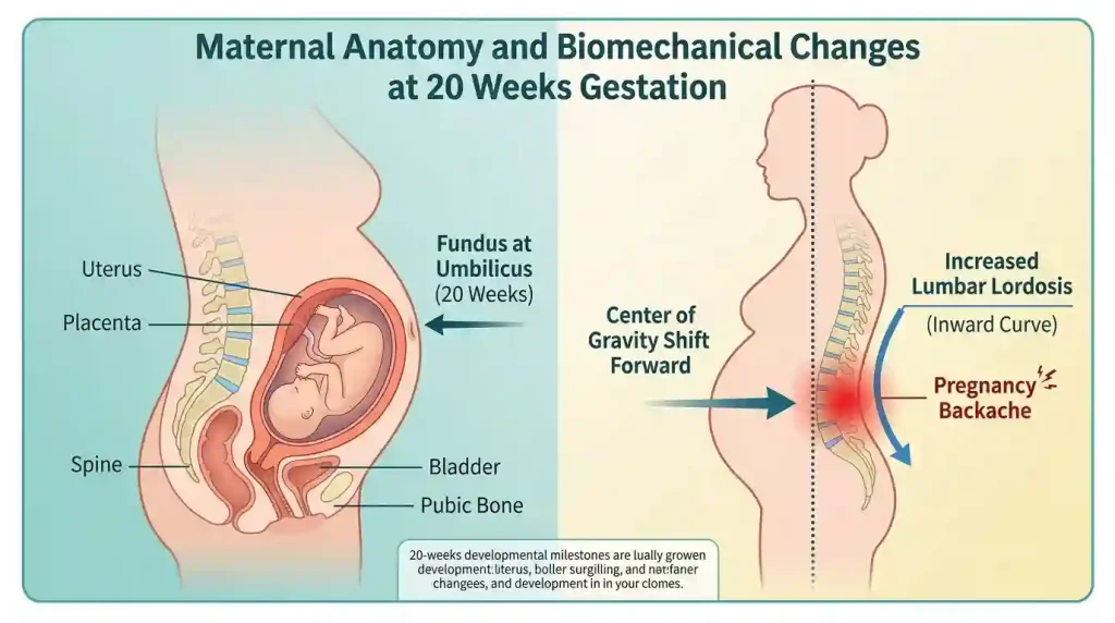  Medical diagram showing the uterus reaching the umbilicus at 20 weeks and shifting the center of gravity.