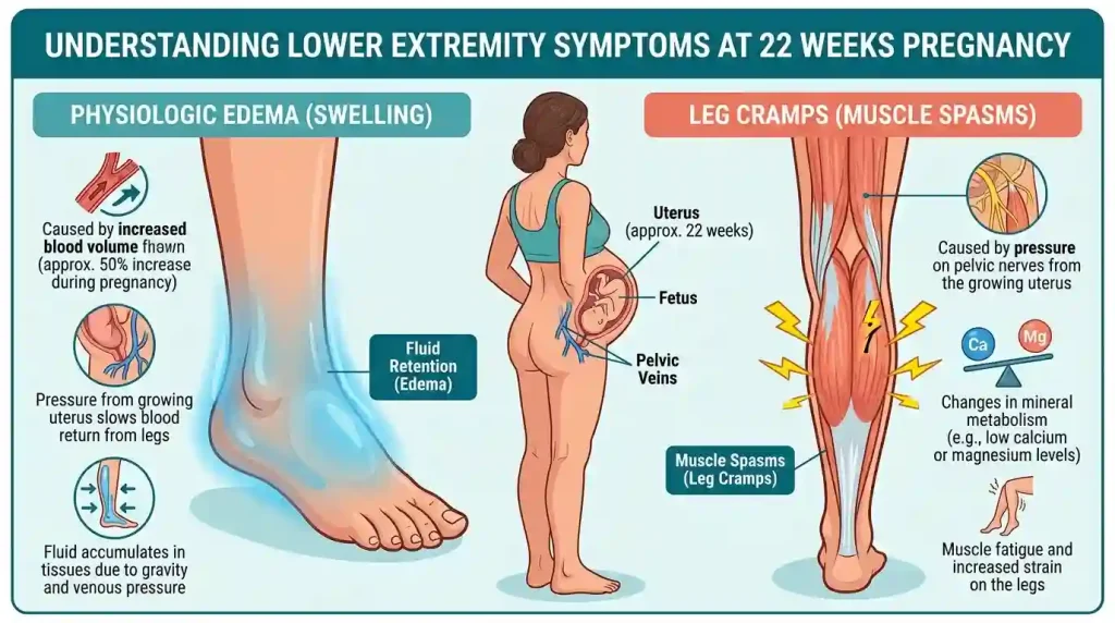 Medical infographic explaining physiologic edema (foot swelling) and leg cramps in week 22 of pregnancy.