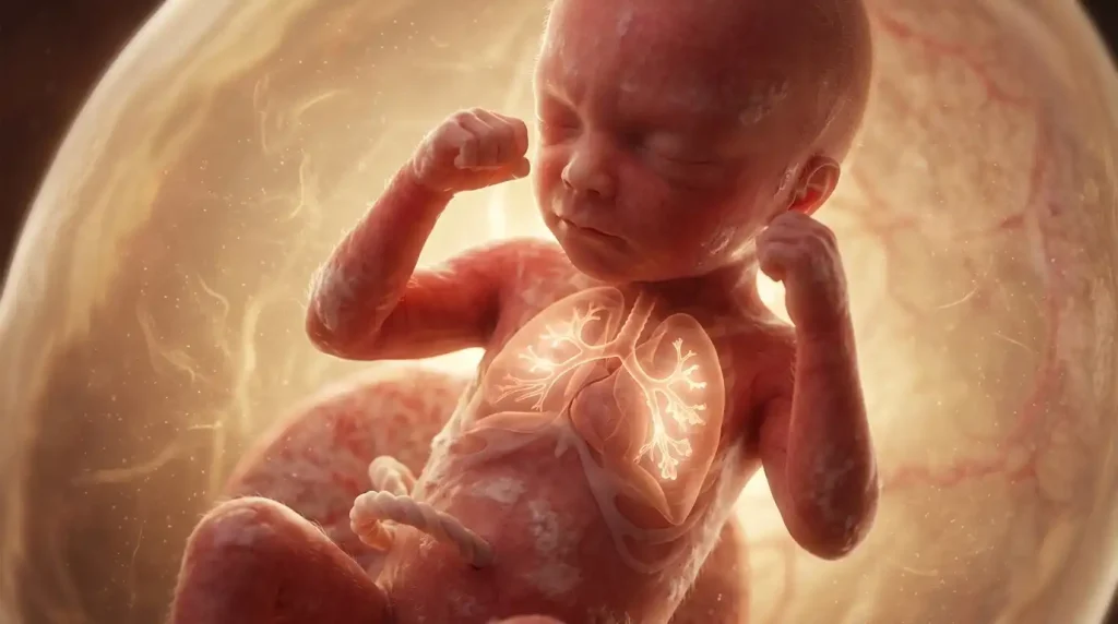  3D medical illustration of a 23-week fetus showing lung development and the startle reflex.