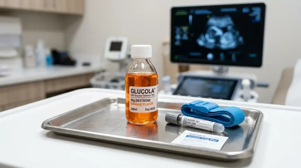  Medical setting showing the Glucola drink and blood test preparation for Gestational Diabetes screening.