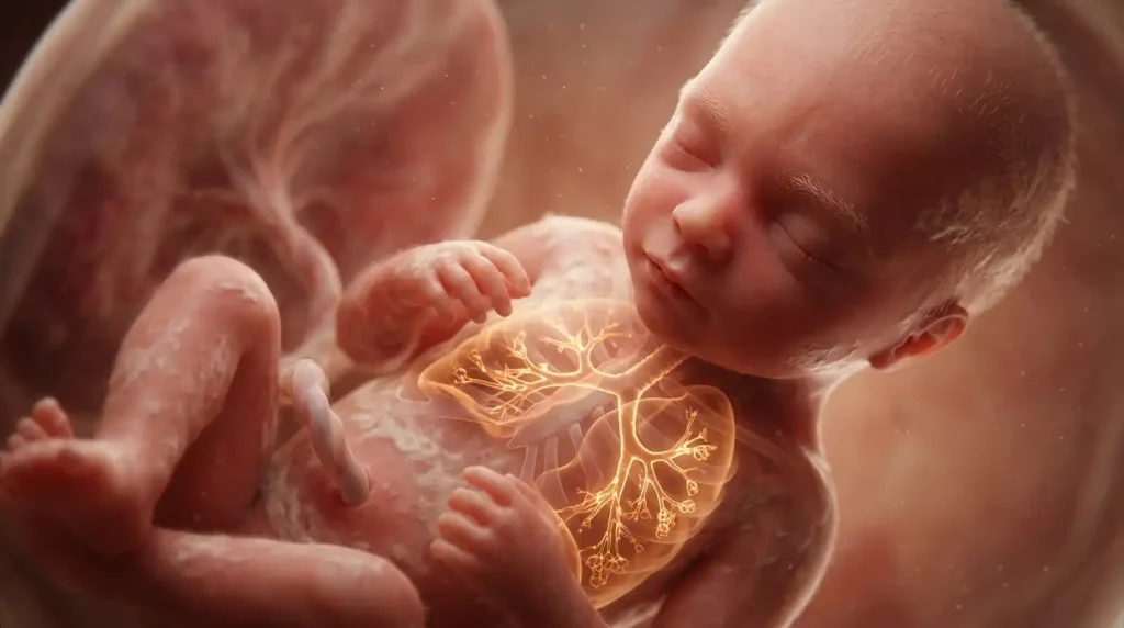 3D medical illustration of a 24-week fetus showing lung branching and distinct facial features.